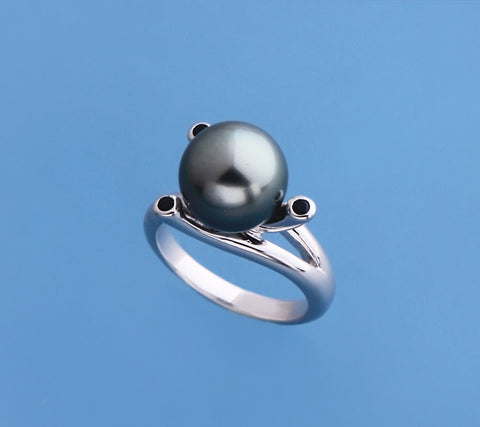 Sterling Silver Ring with 11mm Round Shape Tahitian Pearl and Black Spinel