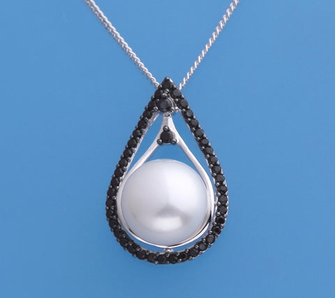 Sterling Silver Pendant with 10.5-11mm Button Shape Freshwater Pearl and Black Spinel