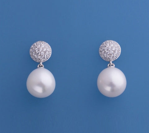Sterling Silver Earrings with 10-10.5mm Oval Shape Freshwater Pearl and Cubic Zirconia