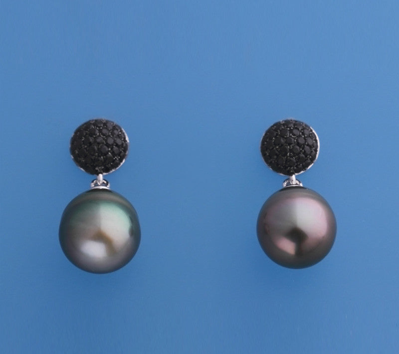 Sterling Silver Earrings with 10-10.5mm Drop Shape Tahitian Pearl and Black Spinel - Wing Wo Hing Jewelry Group - Pearl Jewelry Manufacturer