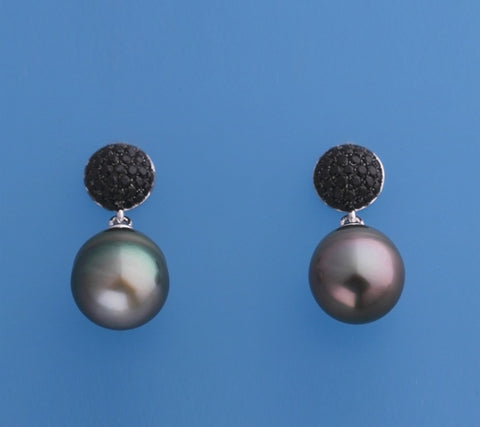 Sterling Silver Earrings with 10-10.5mm Drop Shape Tahitian Pearl and Black Spinel
