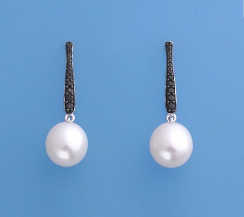 Sterling Silver Earrings with 10-10.5mm Drop Shape Freshwater Pearl and Black Spinel