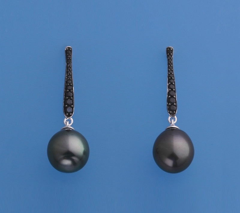Sterling Silver Earrings with 10mm Drop Shape Tahitian Pearl and Black Spinel - Wing Wo Hing Jewelry Group - Pearl Jewelry Manufacturer