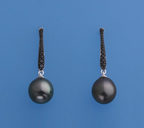 Sterling Silver Earrings with 10mm Drop Shape Tahitian Pearl and Black Spinel