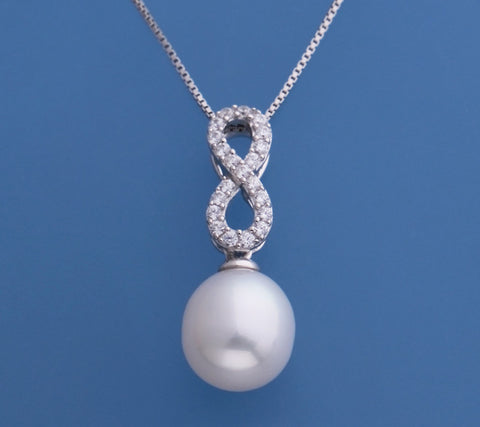 Sterling Silver with 10-10.5mm Oval Shape Freshwater Pearl and Cubic Zirconia Pendant