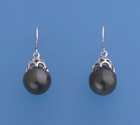 Sterling Silver Earrings with 10.5-11mm Drop Shape Tahitian Pearl