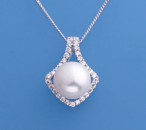 Sterling Silver with 10.5-11mm Button Shape Freshwater Pearl and Cubic Zirconia Pendant
