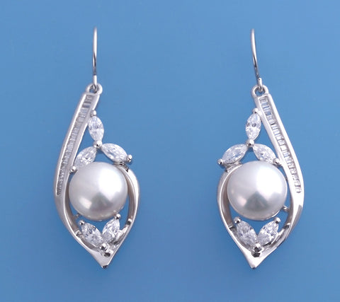 Sterling Silver Earrings with 9.5-10mm Button Shape Freshwater Pearl and Cubic Zirconia
