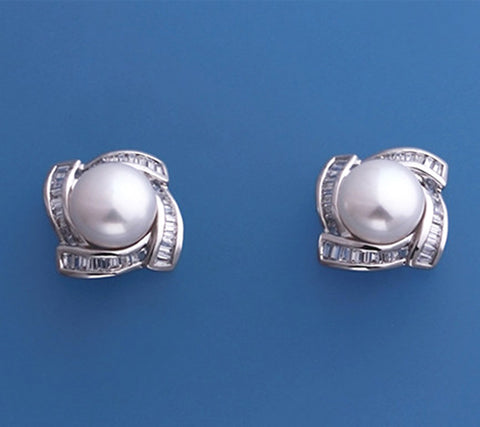 Sterling Silver with 9-9.5mm Button Shape Freshwater Pearl and Cubic Zirconia Earrings