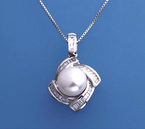 Sterling Silver Pendant with 9-9.5mm Button Shape Freshwater Pearl and Cubic Zirconia