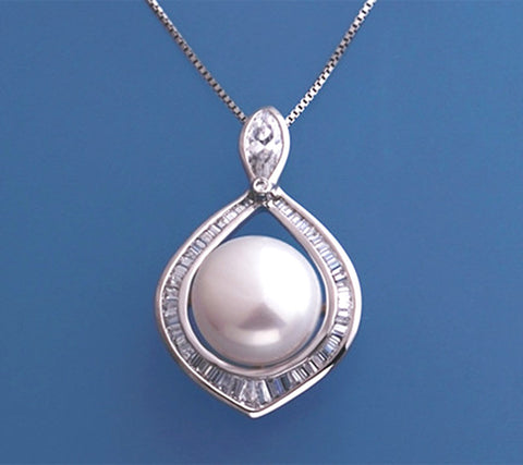 Sterling Silver with 11-11.5mm Button Shape Freshwater Pearl and Cubic Zirconia Pendant