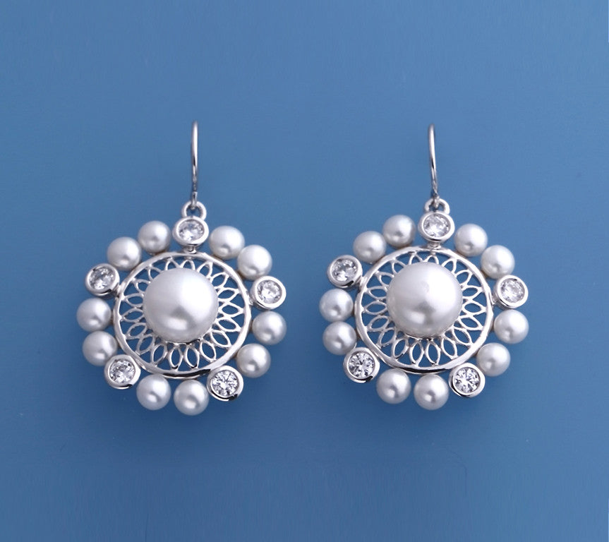 Sterling Silver Earrings with Button Shape Freshwater Pearl and Cubic Zirconia - Wing Wo Hing Jewelry Group - Pearl Jewelry Manufacturer