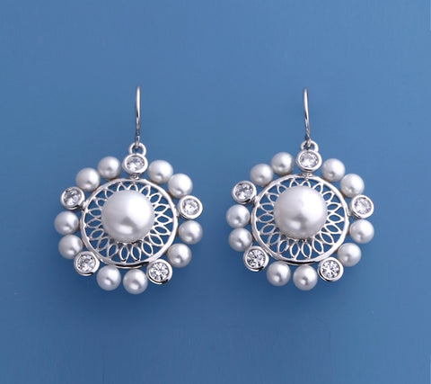 Sterling Silver Earrings with Button Shape Freshwater Pearl and Cubic Zirconia
