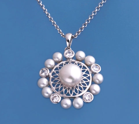 Sterling Silver Pendant with Button Shape Freshwater Pearl and Cubic Zirconia