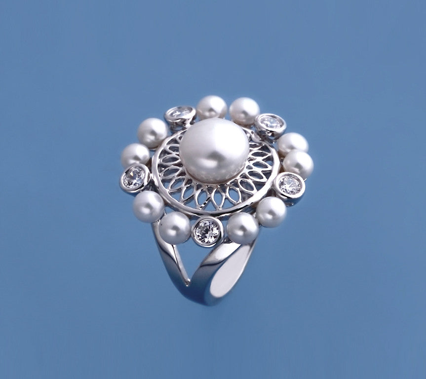 Sterling Silver Ring with Button Shape Freshwater Pearl and Cubic Zirconia - Wing Wo Hing Jewelry Group - Pearl Jewelry Manufacturer