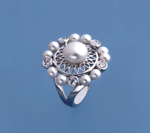 Sterling Silver Ring with Button Shape Freshwater Pearl and Cubic Zirconia