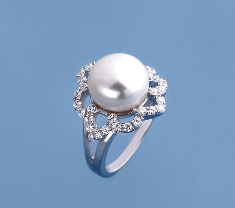 Sterling Silver Ring with 11-11.5mm Button Shape Freshwater Pearl and Cubic Zirconia - Wing Wo Hing Jewelry Group - Pearl Jewelry Manufacturer