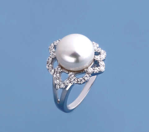 Sterling Silver Ring with 11-11.5mm Button Shape Freshwater Pearl and Cubic Zirconia