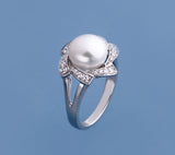 Sterling Silver Ring with 9.5-10mm Button Shape Freshwater Pearl and Cubic Zirconia - Wing Wo Hing Jewelry Group - Pearl Jewelry Manufacturer