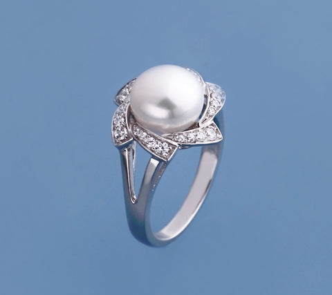 Sterling Silver Ring with 9.5-10mm Button Shape Freshwater Pearl and Cubic Zirconia