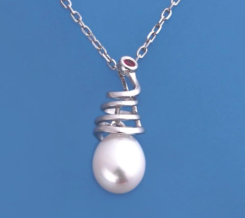 Sterling Silver Pendant with 9-9.5mm Drop Shape Freshwater Pearl and Cubic Zirconia