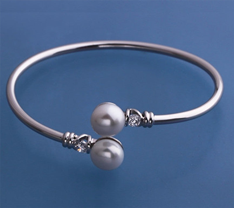 Sterling Silver Bangle with 10-10.5mm White Button Shape Freshwater Pearl and Cubic Zirconia - Wing Wo Hing Jewelry Group - Pearl Jewelry Manufacturer
