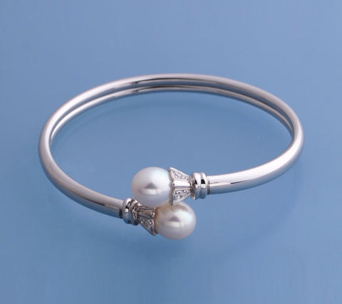 Sterling Silver Bangle with 9-9.5mm Drop Shape Freshwater Pearl and Cubic Zirconia