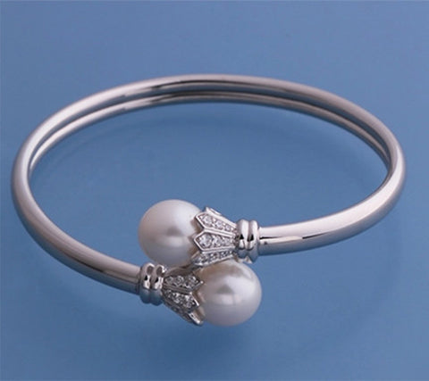 Sterling Silver Bangle with 10-10.5mm White Drop Shape Freshwater Pearl and Cubic Zirconia