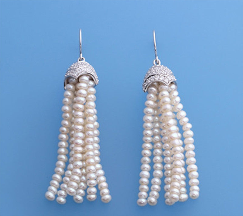 Sterling Silver Earrings with 3.5-4mm Button Shape Freshwater Pearl and Cubic Zirconia - Wing Wo Hing Jewelry Group - Pearl Jewelry Manufacturer