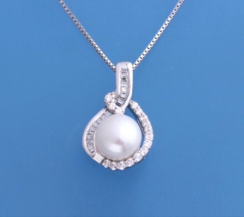 Sterling Silver Pendant 7.5-8mm Button Shape Freshwater Pearl and Cubic Zirconia