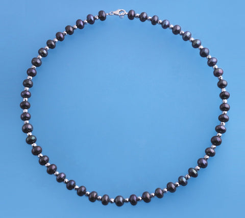 Sterling Silver Necklace with 7.5-8mm Button Shape Freshwater Pearl and Hematite