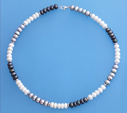 Sterling Silver Necklace with 7.5-8.5mm Button Shape Freshwater Pearl and Hematite