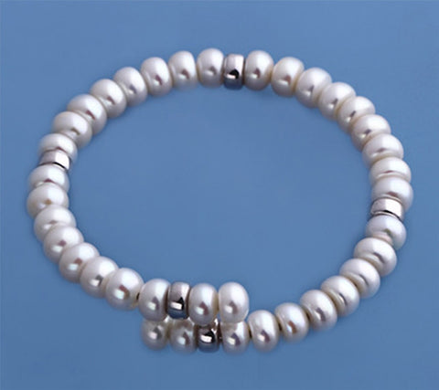 Sterling Silver Bangle with 6.5-7mm Button Shape Freshwater Pearl
