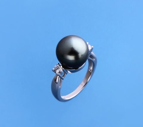 Sterling Silver Ring with 12mm Round Shape Tahitian Pearl and Cubic Zirconia