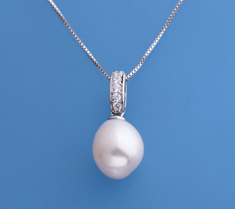 Sterling Silver Pendant with 10.5-11mm Oval Shape Freshwater Pearl and Cubic Zirconia - Wing Wo Hing Jewelry Group - Pearl Jewelry Manufacturer