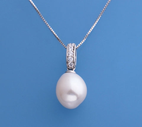 Sterling Silver Pendant with 10.5-11mm Oval Shape Freshwater Pearl and Cubic Zirconia