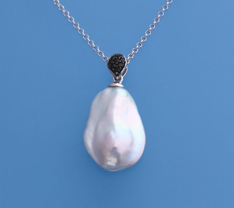 Sterling Silver Pendant with 10-12mm Baroque Shape Freshwater Pearl and Black Spinel