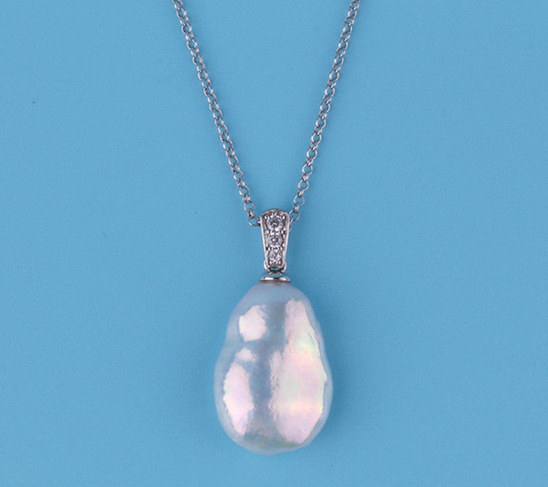 Sterling Silver Pendant with 14-15mm Baroque Shape Freshwater Pearl and Cubic Zirconia - Wing Wo Hing Jewelry Group - Pearl Jewelry Manufacturer