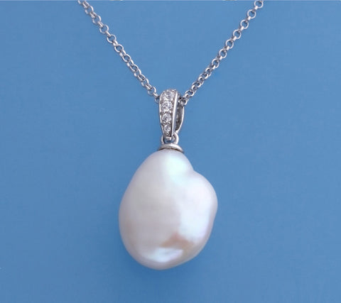 Sterling Silver Pendant with 13-14mm Baroque Shape Freshwater Pearl and Cubic Zirconia