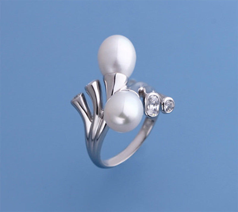 Sterling Silver Ring with 8-8.5mm Drop Shape Freshwater Pearl and Cubic Zirconia - Wing Wo Hing Jewelry Group - Pearl Jewelry Manufacturer