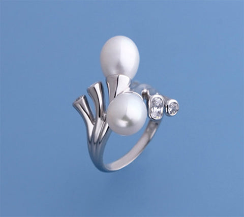 Sterling Silver Ring with 8-8.5mm Drop Shape Freshwater Pearl and Cubic Zirconia