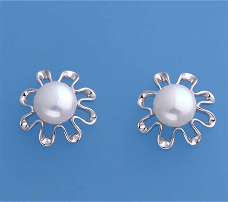 Sterling Silver Earrings with 9-9.5mm Button Shape Freshwater Pearl - Wing Wo Hing Jewelry Group - Pearl Jewelry Manufacturer