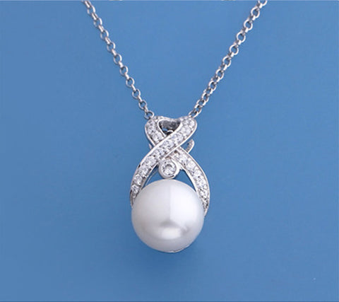 Sterling Silver Pendant with 9-9.5mm Button Freshwater Pearl and Cubic Zirconia