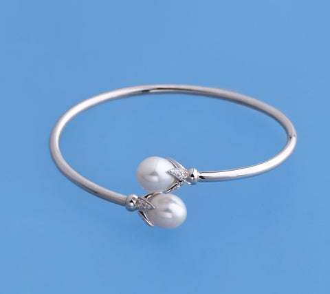 Sterling Silver Bangle with 9-9.5mm Drop Shape Freshwater Pearl and Cubic Zirconia