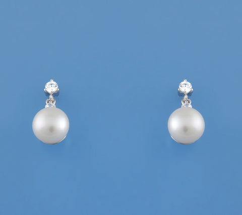 Sterling Silver Earrings with 9-9.5mm Button Shape Freshwater Pearl and Cubic Zirconia