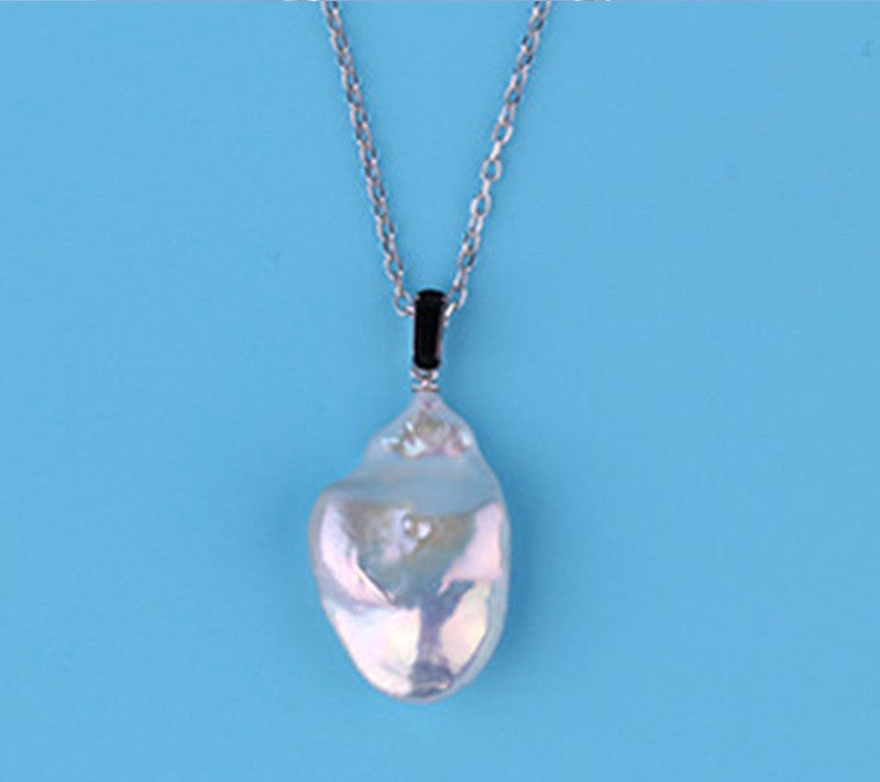 Sterling Silver Pendant with 16.5*26mm Baroque Shape Freshwater Pearl and Black Spinel - Wing Wo Hing Jewelry Group - Pearl Jewelry Manufacturer