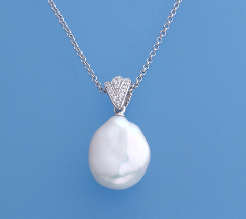 Sterling Silver Pendant with 13-14mm Baroque Shape Freshwater Pearl and Cubic Zirconia