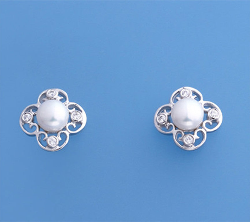 Sterling Silver Earrings with 5.5-6mm Button Shape Freshwater Pearl and Cubic Zirconia - Wing Wo Hing Jewelry Group - Pearl Jewelry Manufacturer