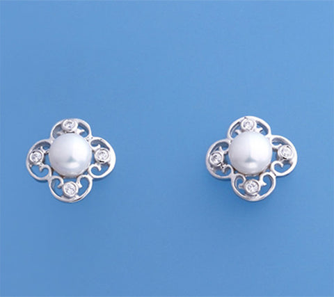 Sterling Silver Earrings with 5.5-6mm Button Shape Freshwater Pearl and Cubic Zirconia