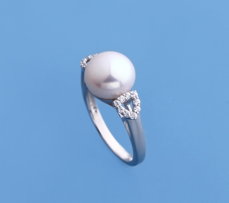 Sterling Silver Ring with 10-10.5mm Button Shape Freshwater Pearl and Cubic Zirconia - Wing Wo Hing Jewelry Group - Pearl Jewelry Manufacturer